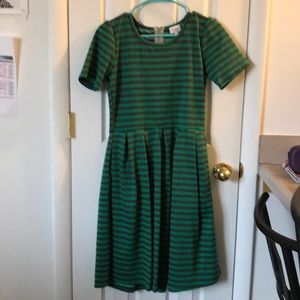 LuLaRoe Green and Grey striped Amelia with pockets